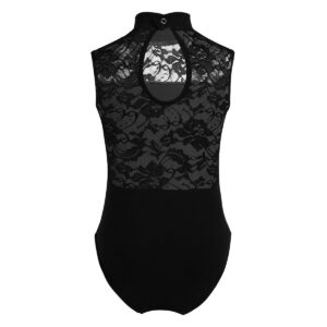 Kvysinly Kids Girls Workout Jumpsuit Sleeveless Turtle Neck Floral Lace Cutout Back Athletic Dance Class Ballet Leotard Black 5-6 Years