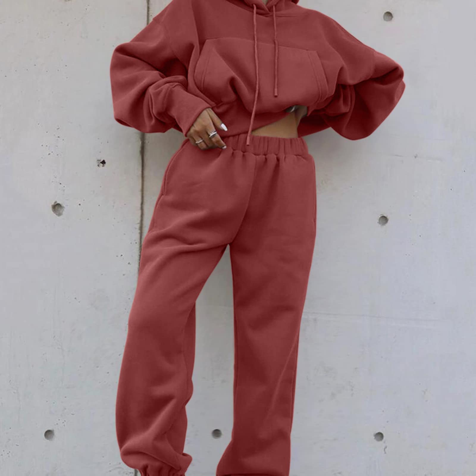 Women's Two Piece Outfits Hoodies Tops and Elastic Waistband Pant Solid Sweatsuit Tracksuit Sets Joggers Tracksuit