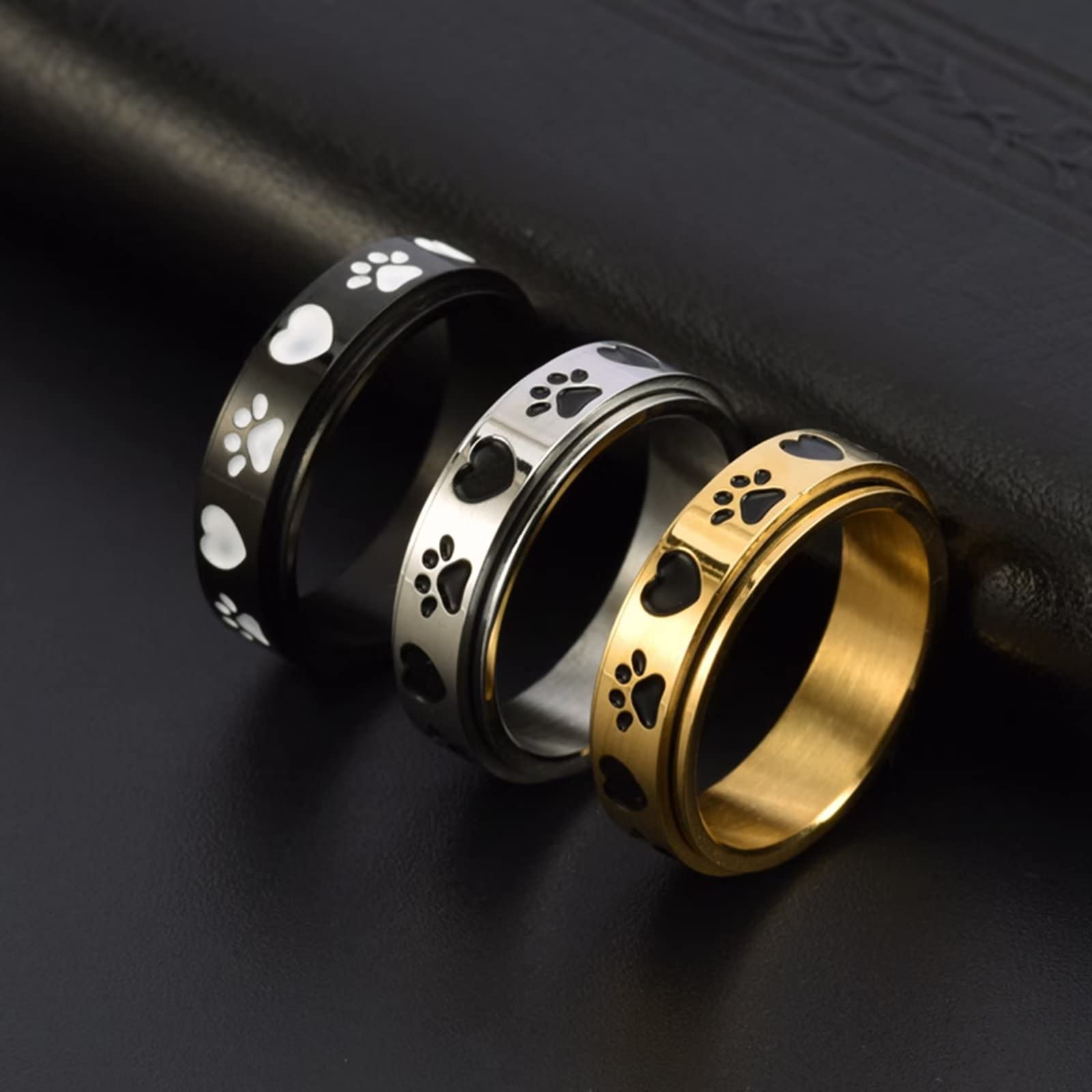 Dog Paw Prints Spinner Ring,Fidget Anxiety Worry Relieving Boredom Autism Band Punk Fashion Animal Rings for Men and Women Gold Silver Black