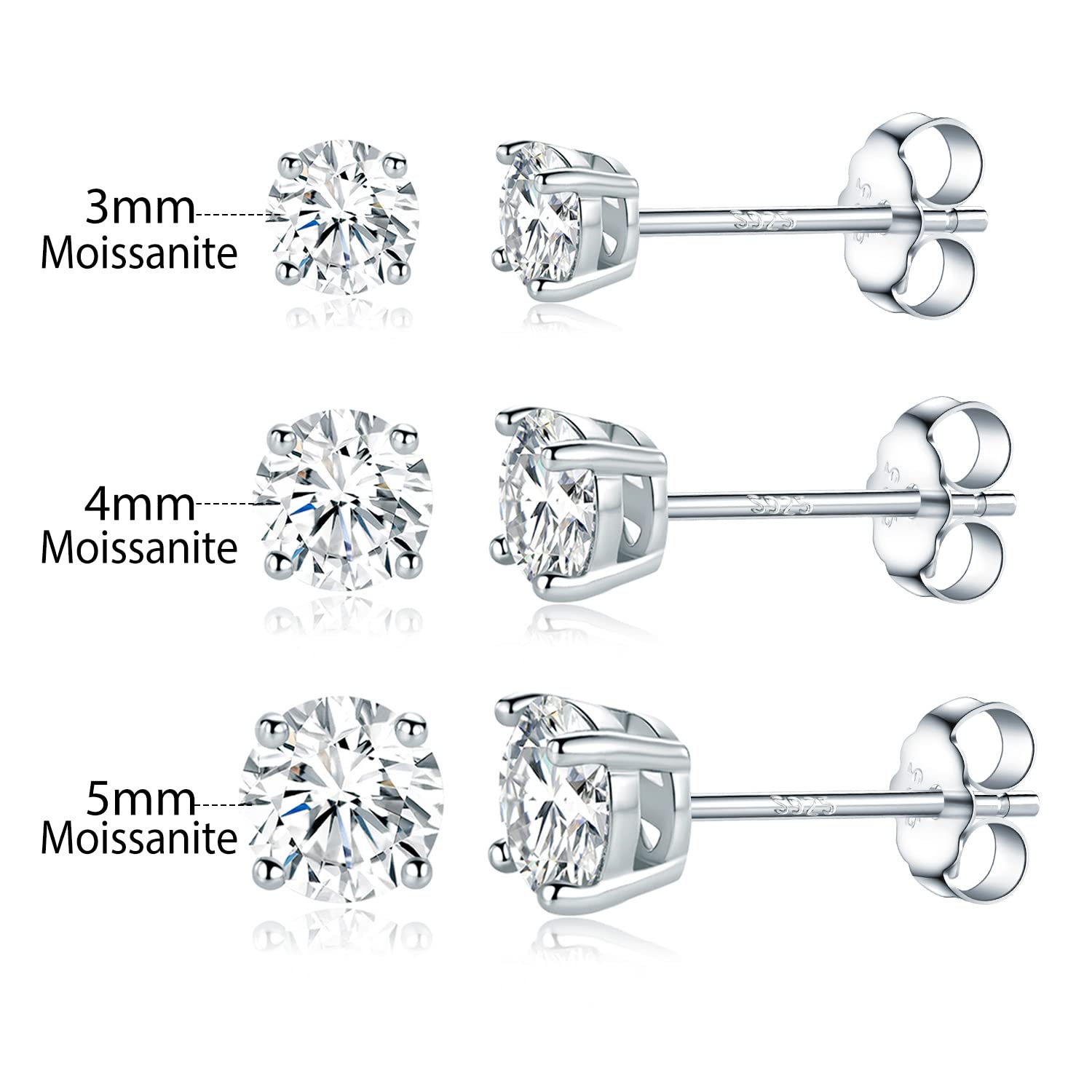 Moissanite Stud Earrings Set, S925 Sterling Silver Round Moissanite Diamond Stud Earrings Pack of 3 for Women Men 3-5mm