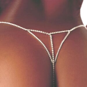 Sexy Rhinestone Thong Panties Underwear Crystal Panties G-string Summer Beach Belly Waist Chain Bikini Rhinestone Waist Body Chain for Women Body Jewelry (Silver)