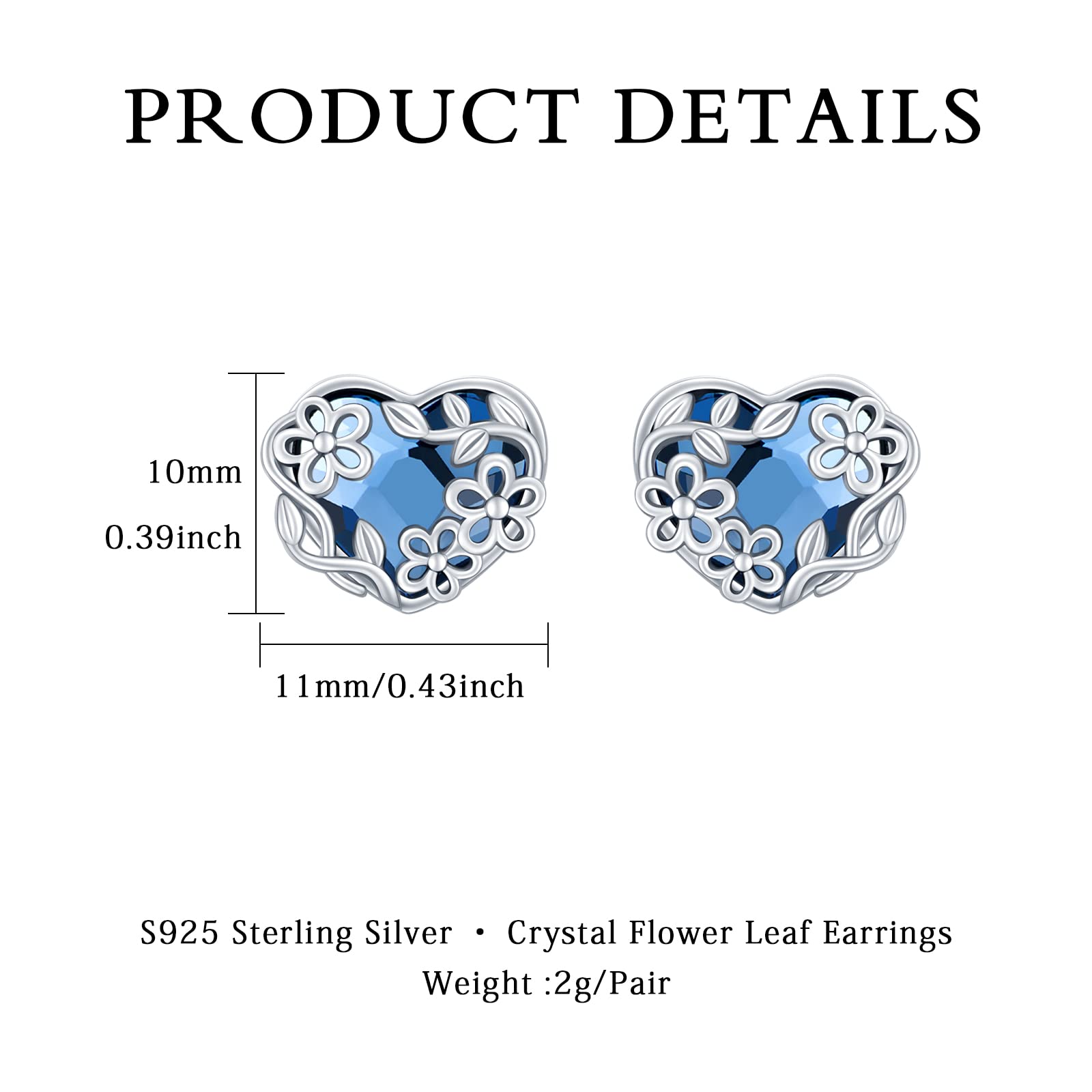 Daisy Earrings Sterling Silver Daisy Flower Leaf Earrings Studs Heart Shaped Blue Crystal Earrings Flower Jewelry for Women Teen