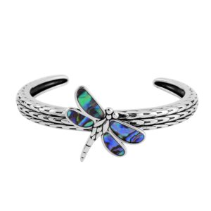 Shop LC Abalone Shell Dragonfly Cuff Bracelet in Stainless Steel - Genuine Handmade Abalone Boho Jewelry for Women - Natural Abalone Bali Bangle - 7.5" Costume Jewelry for Women Birthday Gifts for