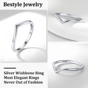 Bestyle Silver Women Rings Wishbone Ring Love Statement Band Ring for Mom Wife Daughter Sterling Silver Plain Knuckle Finger Rings V Shape Lucky Ring,Size 7