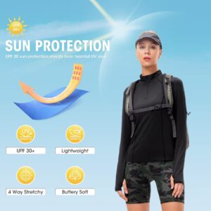 Long Sleeve Workout Shirts for Women Quick Dry Running Shirts Women Thumb Holes Hiking Ski Base Layer Women Compression Half Zip Pullover Women Athletic Tops High Wicking Lightweight 12521 Black 2XL