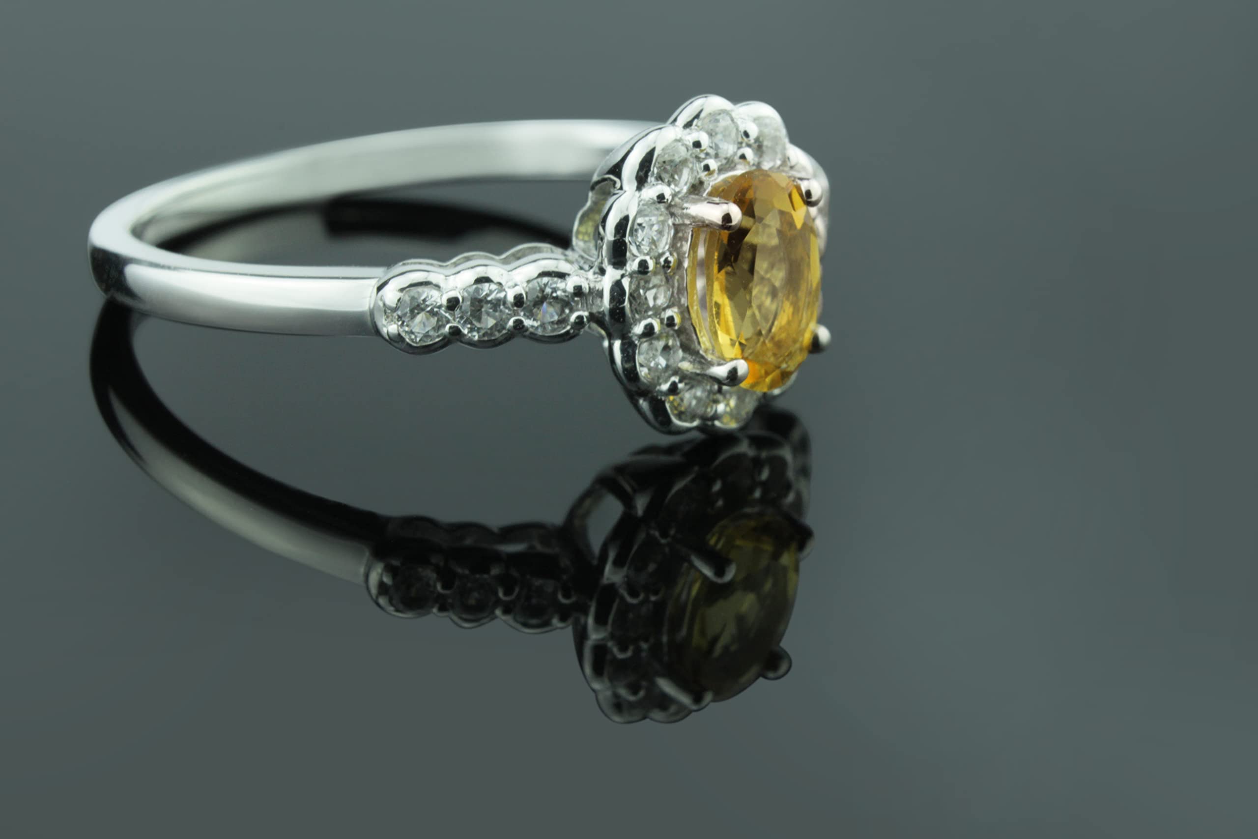 Heartland By Beverley Mitchell .925 Sterling Silver 6X4mm Oval Cut Yellow Citrine & Lab-Created White Sapphire Scalloped Flower Statement Ring - Size 8