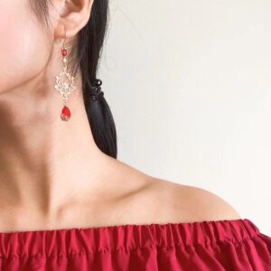 MOMOCAT 18K Gold Plated Flowers Red Ruby Dangle Hook Earrings for Women Western Chandelier Teardrop Christmas Fringe Statement Tassel Earrings for Women Dangling Vintage Jewelry