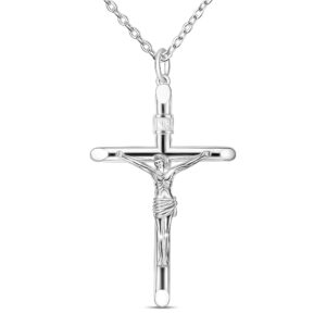 ELEGANZIA Sterling Silver Crucifix Necklace Women Cross Necklace for Men Catholic, Crucifix Pendant with Adjustable 22-24 Inch Silver Necklace Chain Cross Pendant