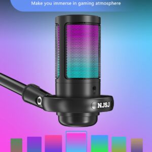 NJSJ USB Microphone for PC, Gaming Mic for PS4/ PS5/ Mac/Phone,Condenser Microphone with Touch Mute, RGB Lighting,Gain knob & Monitoring Jack for Streaming,Podcasting (with Desktop Stand, Black)