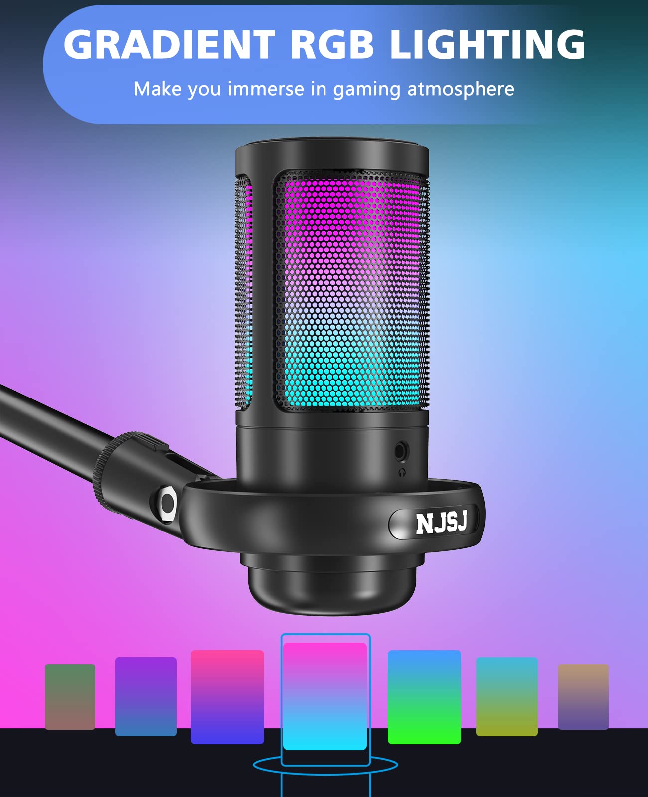 NJSJ USB Microphone for PC, Gaming Mic for PS4/ PS5/ Mac/Phone,Condenser Microphone with Touch Mute, RGB Lighting,Gain knob & Monitoring Jack for Streaming,Podcasting (with Desktop Stand, Black)