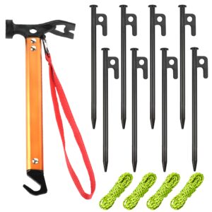 RIY Tent Stakes, 8Pcs Heavy Duty 8 Inch Steel Tent Stakes with 12 Inch Camping Hammer, Hiking Camping Kit Easy to Carry and Use