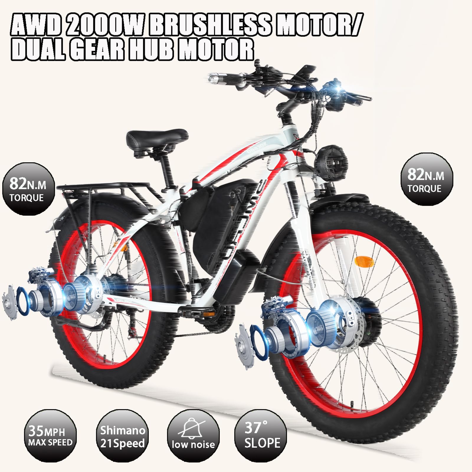 Lanshanchu Electric Bike for Adults, Dual Motor AWD 2000W 35MPH Electric Bicycles, Removable Lithium Battery 48V/22.4AH, 21-Speed with Ignition Lock Hydraulic Disc Brake