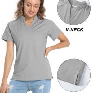 TACVASEN Women's Golf Shirts V Neck Short Sleeve Collarless Active Exercise Tops, Light Grey, L