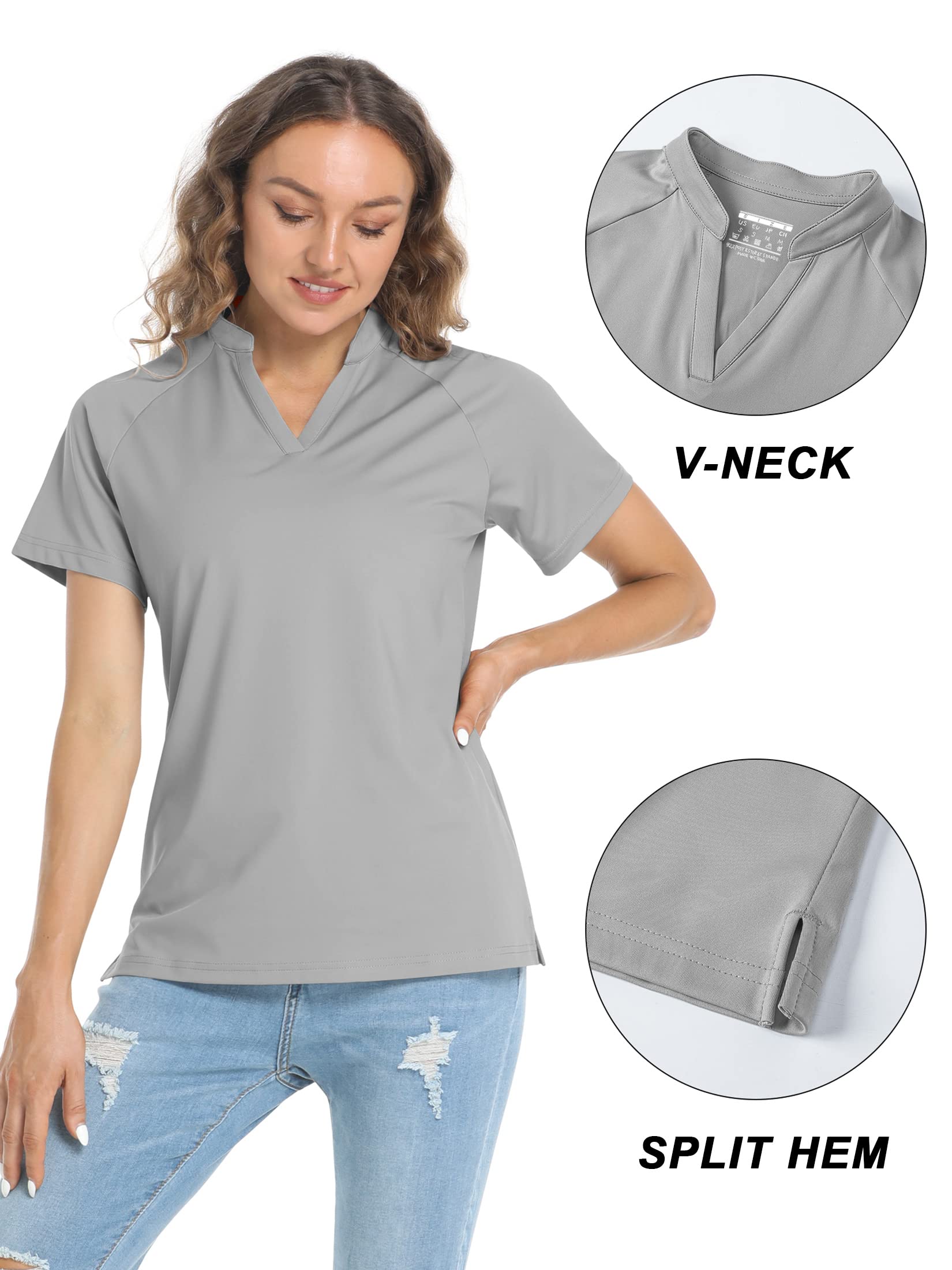 TACVASEN Women's Golf Shirts V Neck Short Sleeve Collarless Active Exercise Tops, Light Grey, L