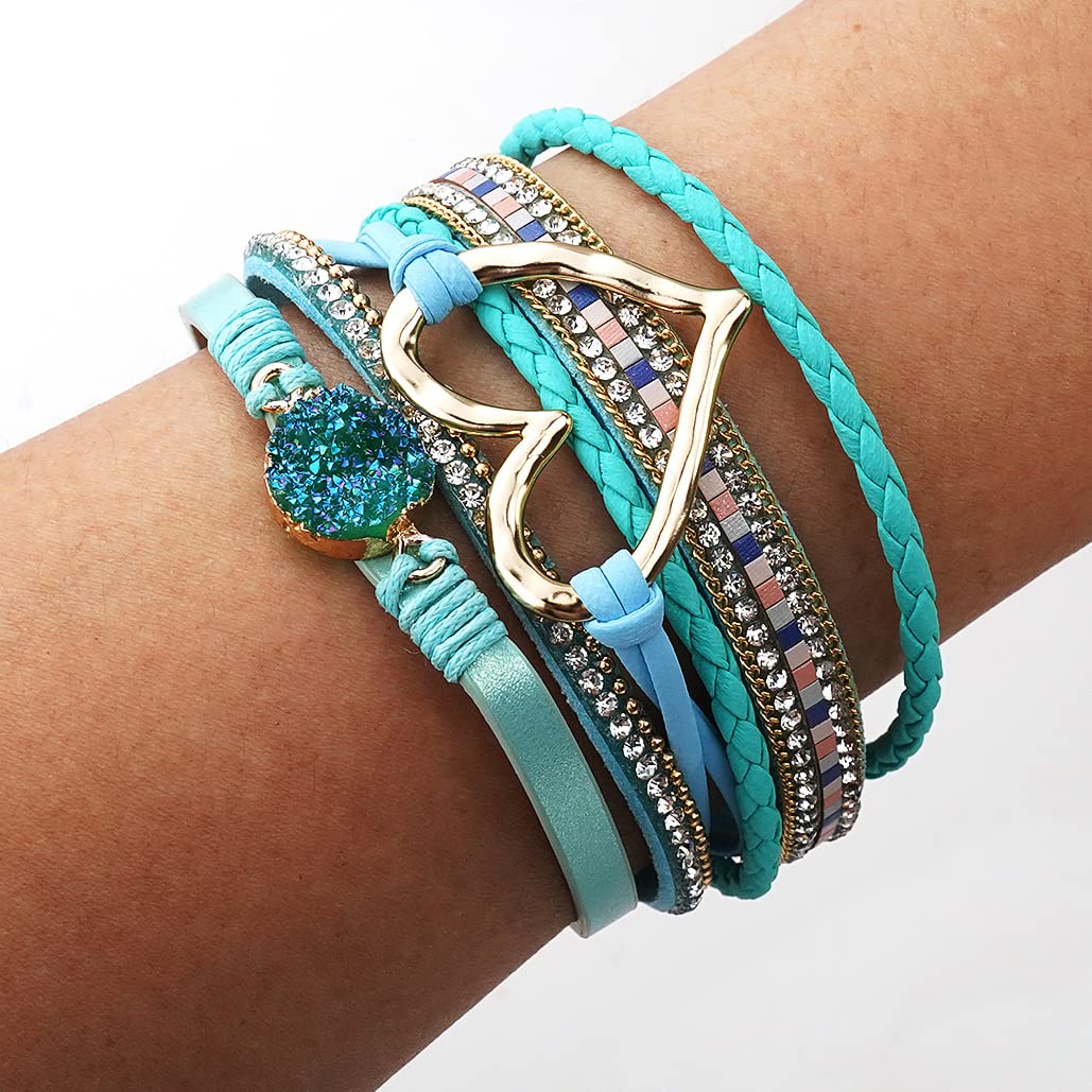 Suyi Multilayer Leather Wrap Bracelet Wide Cuff Bracelets for Women Heart-shape Light Blue