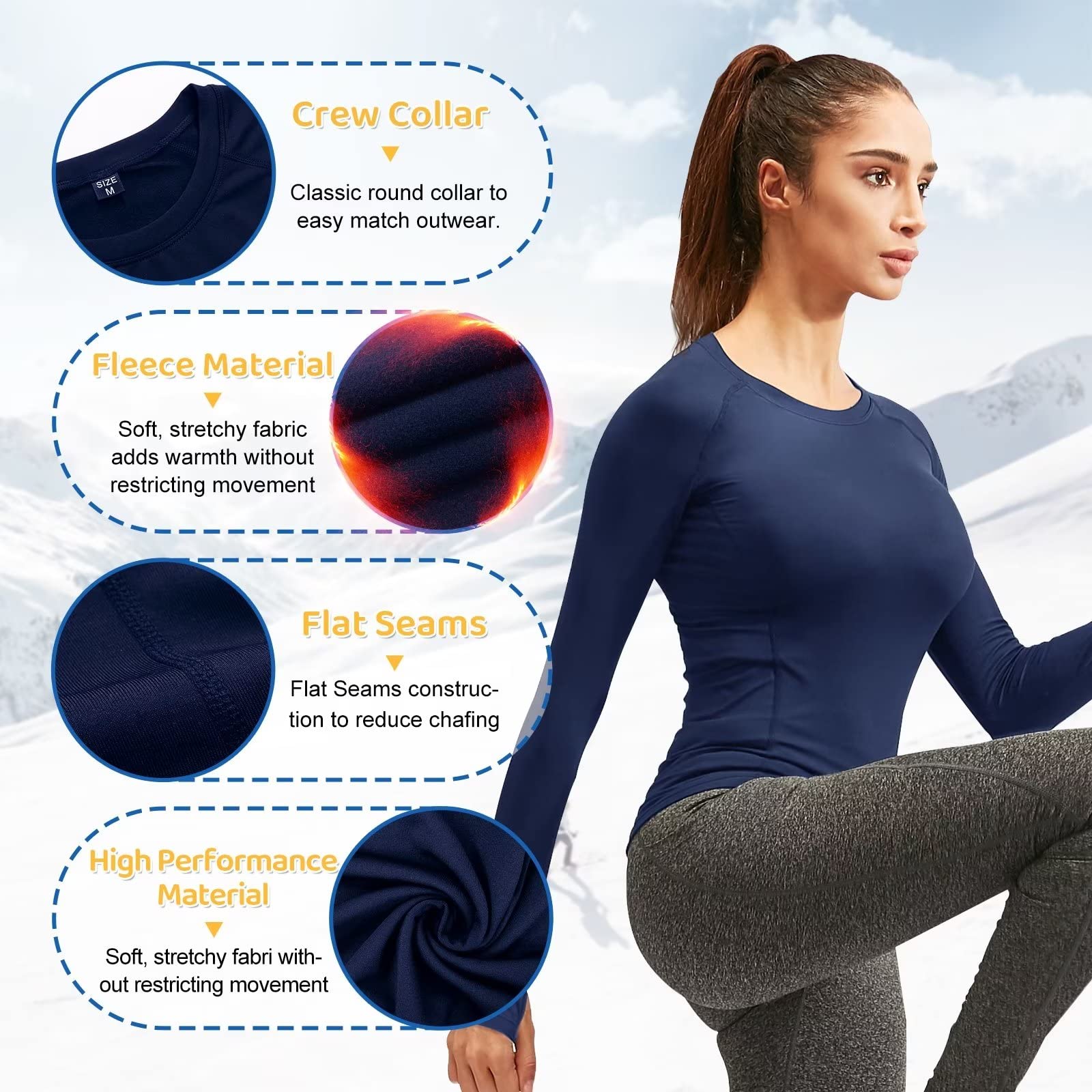 Womens Thermal Tops Long Sleeve Fleece Hiking Ski Base Layer Women Cold Weather Sports Gym Shirts Athletic Ladies Thermal Underwear Tops for Workout Running,Quick Dry Moisture Wicking 5021 Navy M