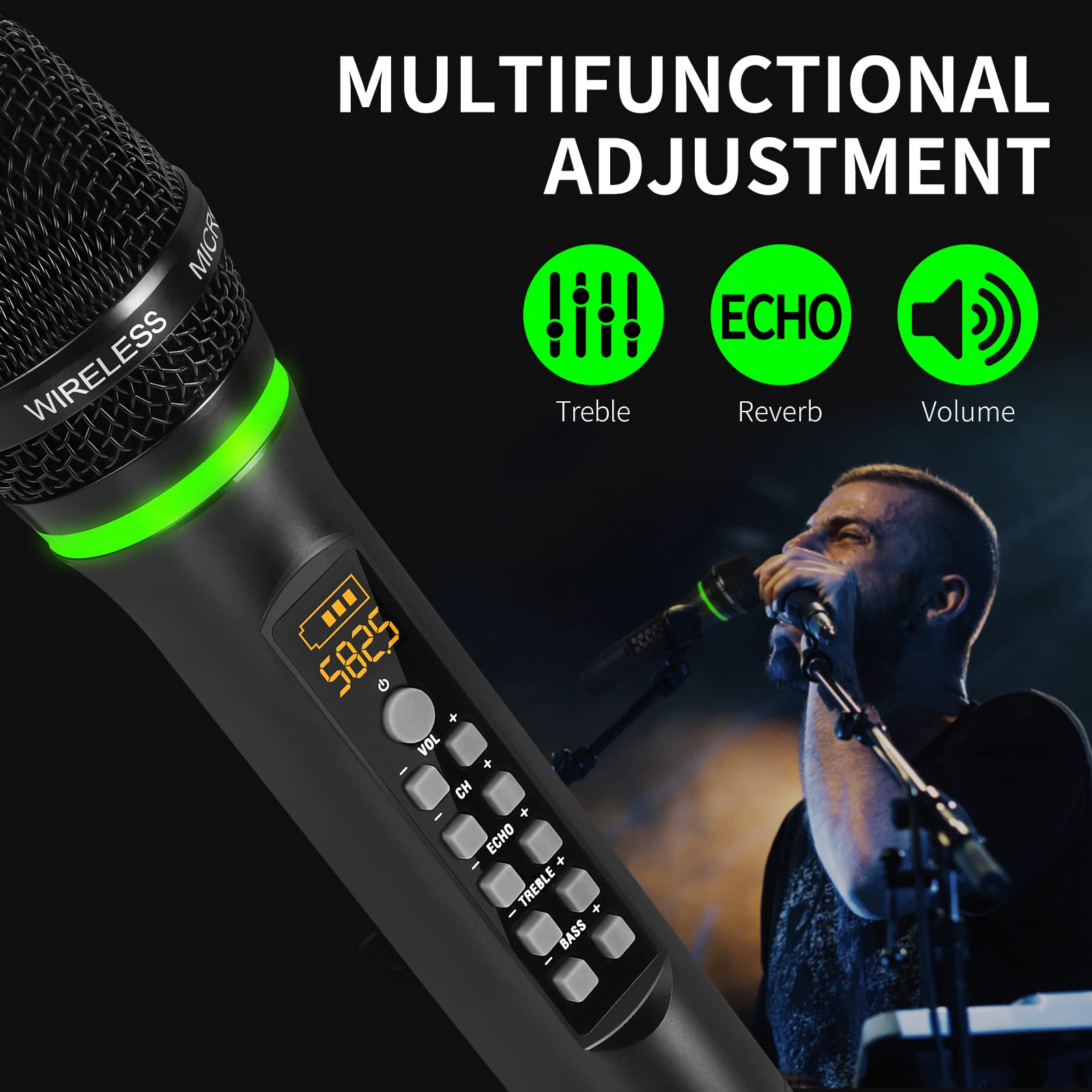 XTUGA Wireless Microphone System 50 Frequencies Rechargable Dual Mental Cordless Dynamic Microphone Set, 290ft, Echo,Treble,Bass for DJ/Church/Karaoke/Wedding/Party Home KTV Set