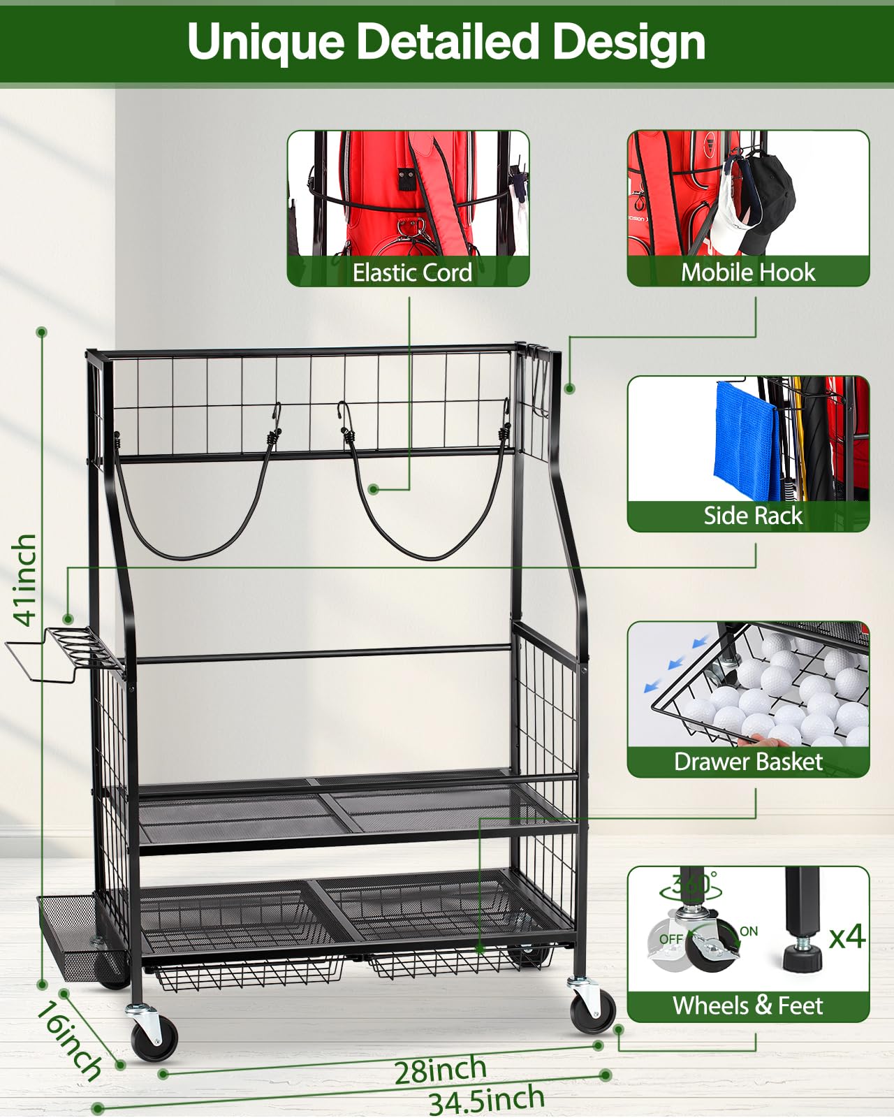 FHXZH Golf Bag Storage Garage Organizer- Golf Bag Stand Fit for 2 Golf Bags and Golf Clubs, Golf Balls, Golf Equipment Accessories, Extra Large Golf Bag Storage Rack for Garage, Club, Shed, Basement