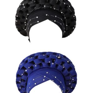 zhxinashu 2ps African Women Hats, Turban Head Wraps for Black Women, Nigerian Elegant Hats Turban(Black+Blue)