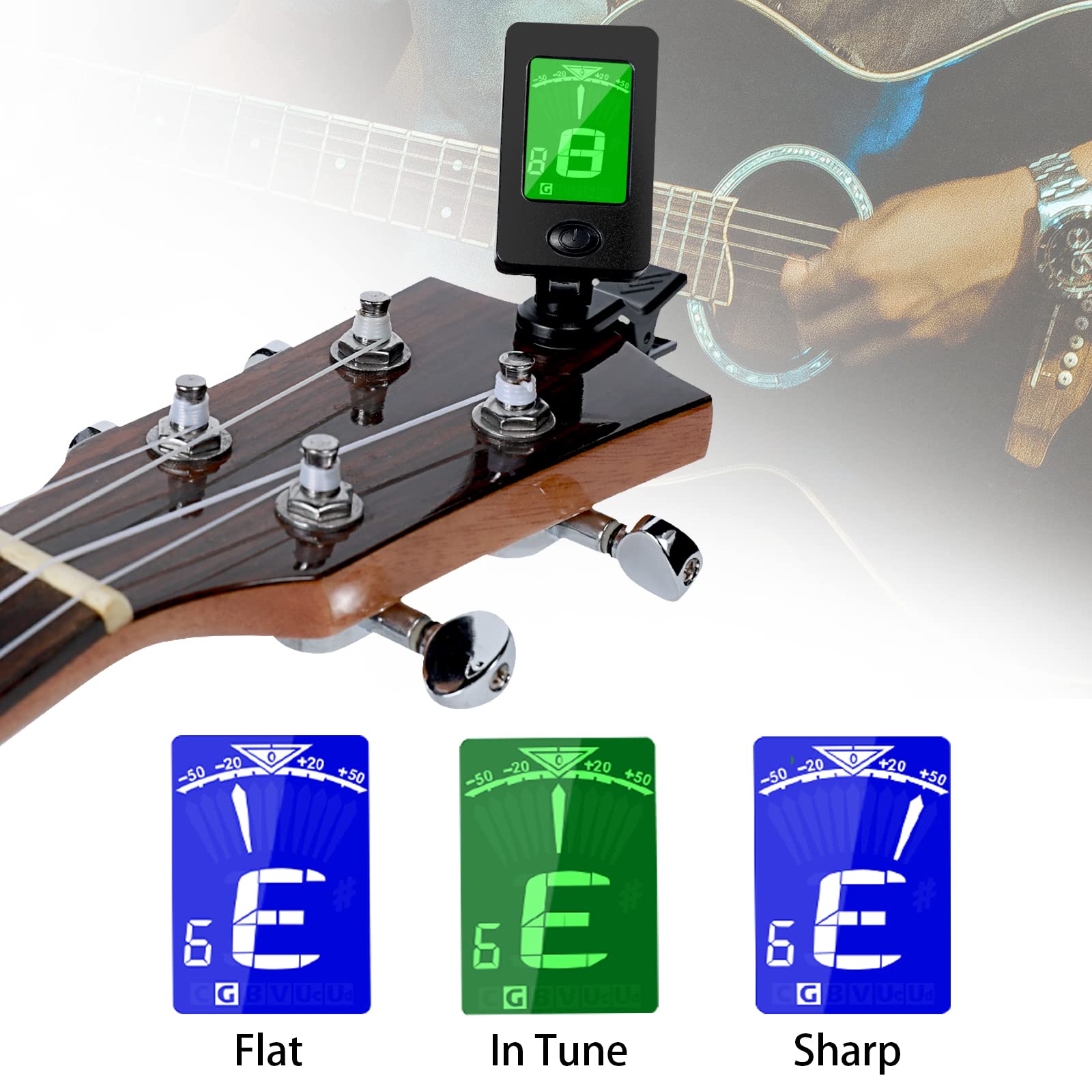 Guitar Tuner, Guitar Accessories with Guitar Picks, Guitar Capo, Capo for Acoustic Guitar, Bass, Buzzing-Free, Quick Release, Guitar Tuner Clip on for Guitar, Violin, Bass, Ukulele Chromatic