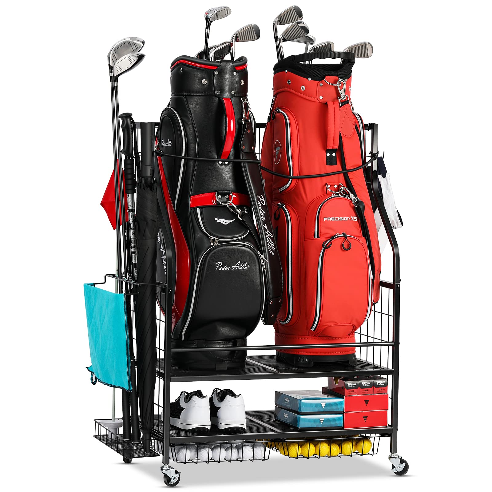 FHXZH Golf Bag Storage Garage Organizer- Golf Bag Stand Fit for 2 Golf Bags and Golf Clubs, Golf Balls, Golf Equipment Accessories, Extra Large Golf Bag Storage Rack for Garage, Club, Shed, Basement