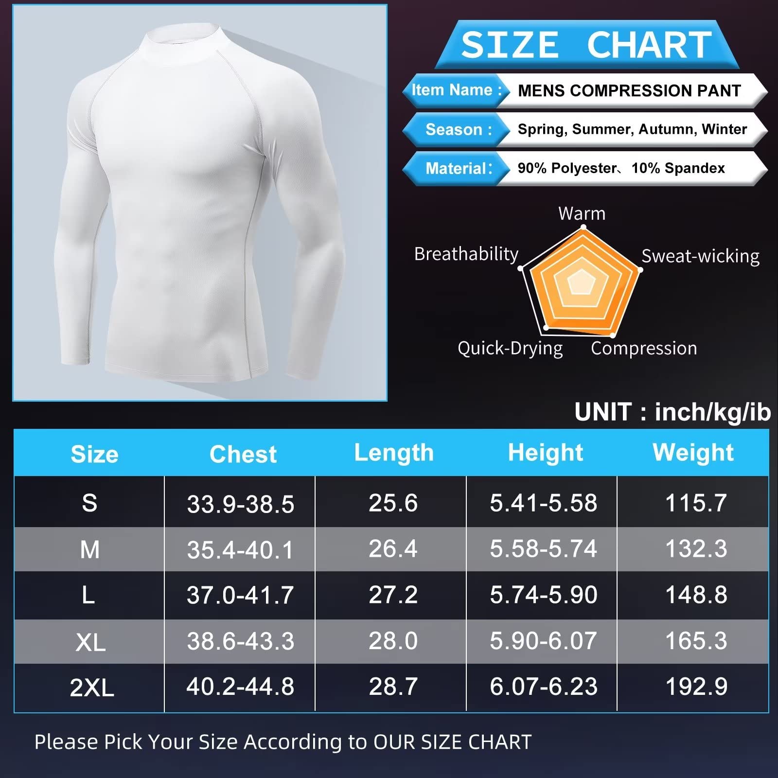 Ski Base Layer Men Cold Weather Turtleneck Mens Thermal Long Sleeve Shirt Fleece Compression Shirts for Men Running Cycling Hiking Hunting Thermals Underwear Tops,Quick Dry High Wicking 3237 White M