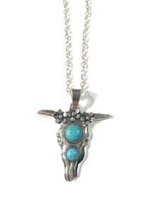 silver plated longhorn bull skull buffalo 2" pendant, faux turquoise cabochon gift boxed