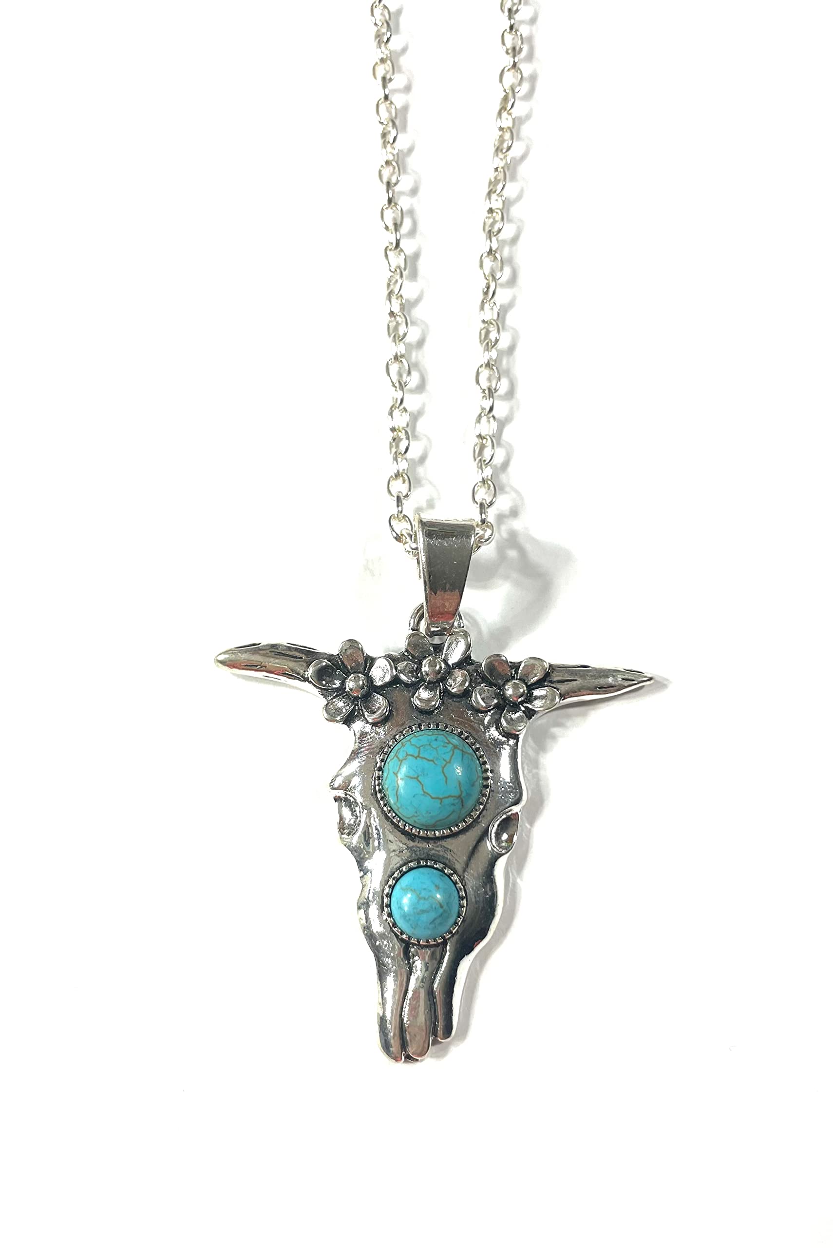 Silver Plated Longhorn Bull Skull Buffalo 2" Pendant, Faux Turquoise Cabochon Gift Boxed