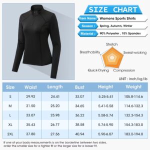 Long Sleeve Workout Shirts for Women Quick Dry Running Shirts Women Thumb Holes Hiking Ski Base Layer Women Compression Half Zip Pullover Women Athletic Tops High Wicking Lightweight 12521 Black 2XL