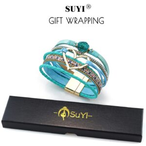 Suyi Multilayer Leather Wrap Bracelet Wide Cuff Bracelets for Women Heart-shape Light Blue