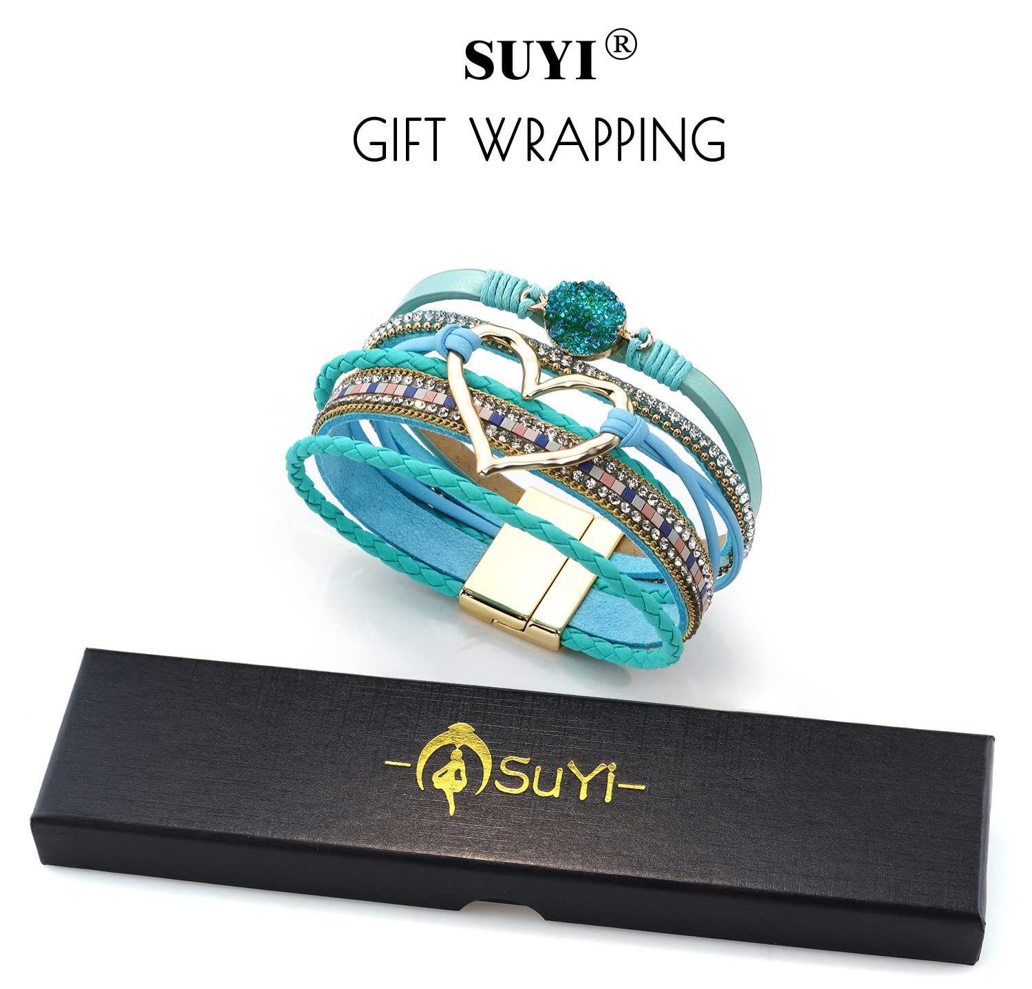 Suyi Multilayer Leather Wrap Bracelet Wide Cuff Bracelets for Women Heart-shape Light Blue