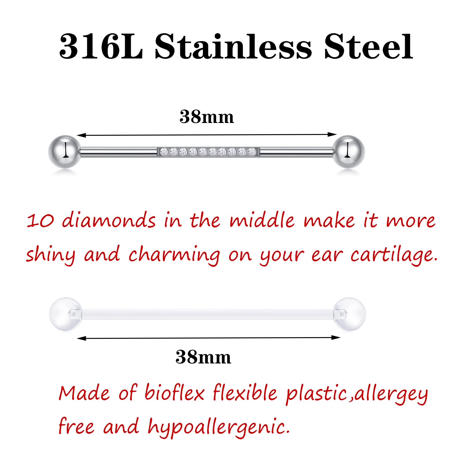 JIESIBAO Industria Bar Piercing Kit,14G Silver Industrial Earrings Surgical Steel Industrial Barbell with CZ Cartilage Earring Piercing Clamps Needles Kit 1 1/2 Inch 38mm