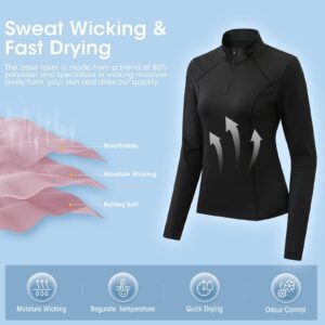 Long Sleeve Workout Shirts for Women Quick Dry Running Shirts Women Thumb Holes Hiking Ski Base Layer Women Compression Half Zip Pullover Women Athletic Tops High Wicking Lightweight 12521 Black 2XL