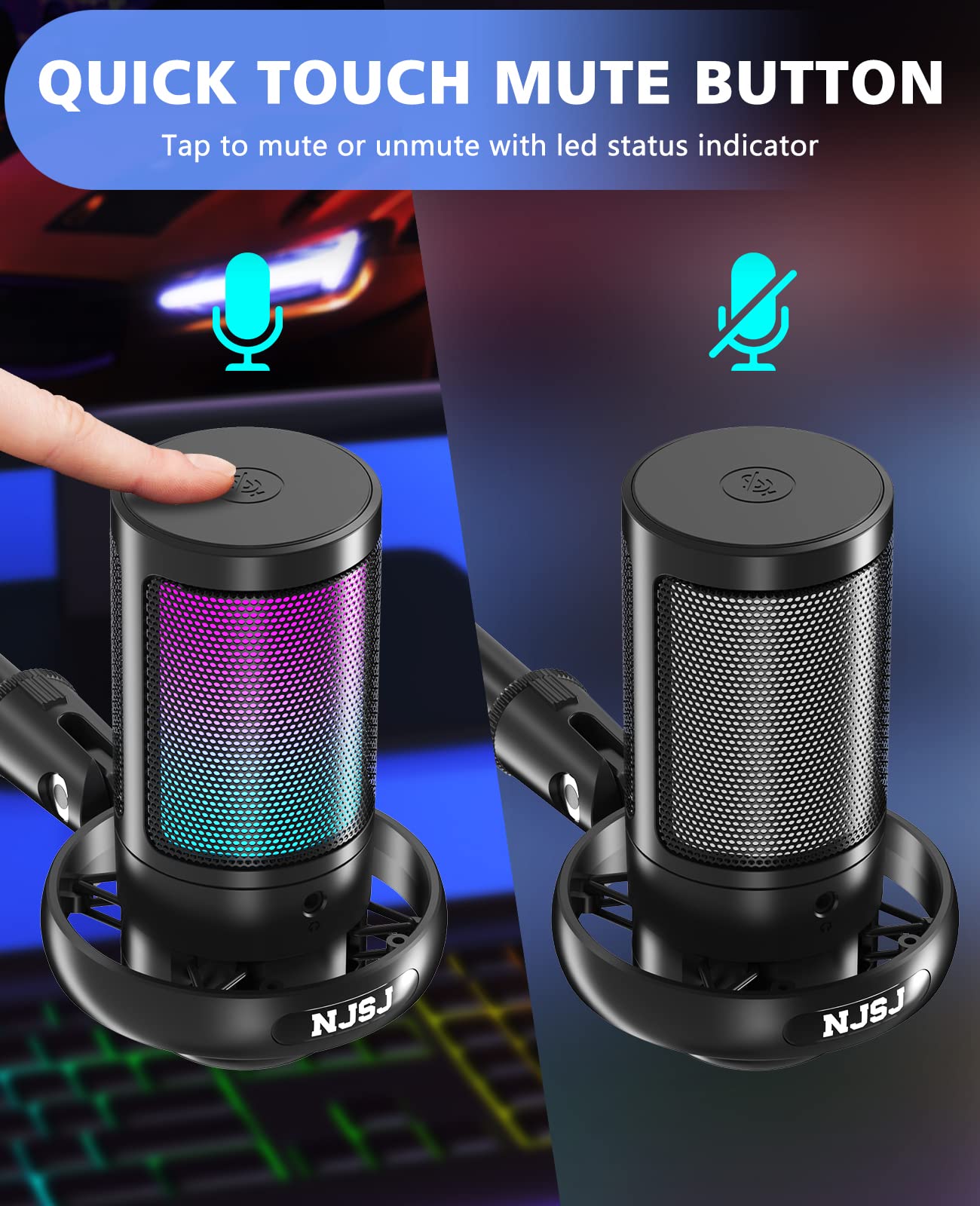 NJSJ USB Microphone for PC, Gaming Mic for PS4/ PS5/ Mac/Phone,Condenser Microphone with Touch Mute, RGB Lighting,Gain knob & Monitoring Jack for Streaming,Podcasting (with Desktop Stand, Black)