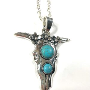 Silver Plated Longhorn Bull Skull Buffalo 2" Pendant, Faux Turquoise Cabochon Gift Boxed