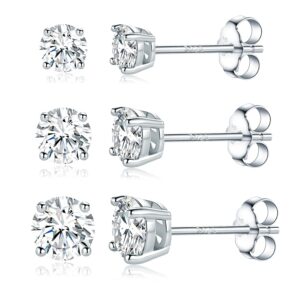 moissanite stud earrings set, s925 sterling silver round moissanite diamond stud earrings pack of 3 for women men 3-5mm