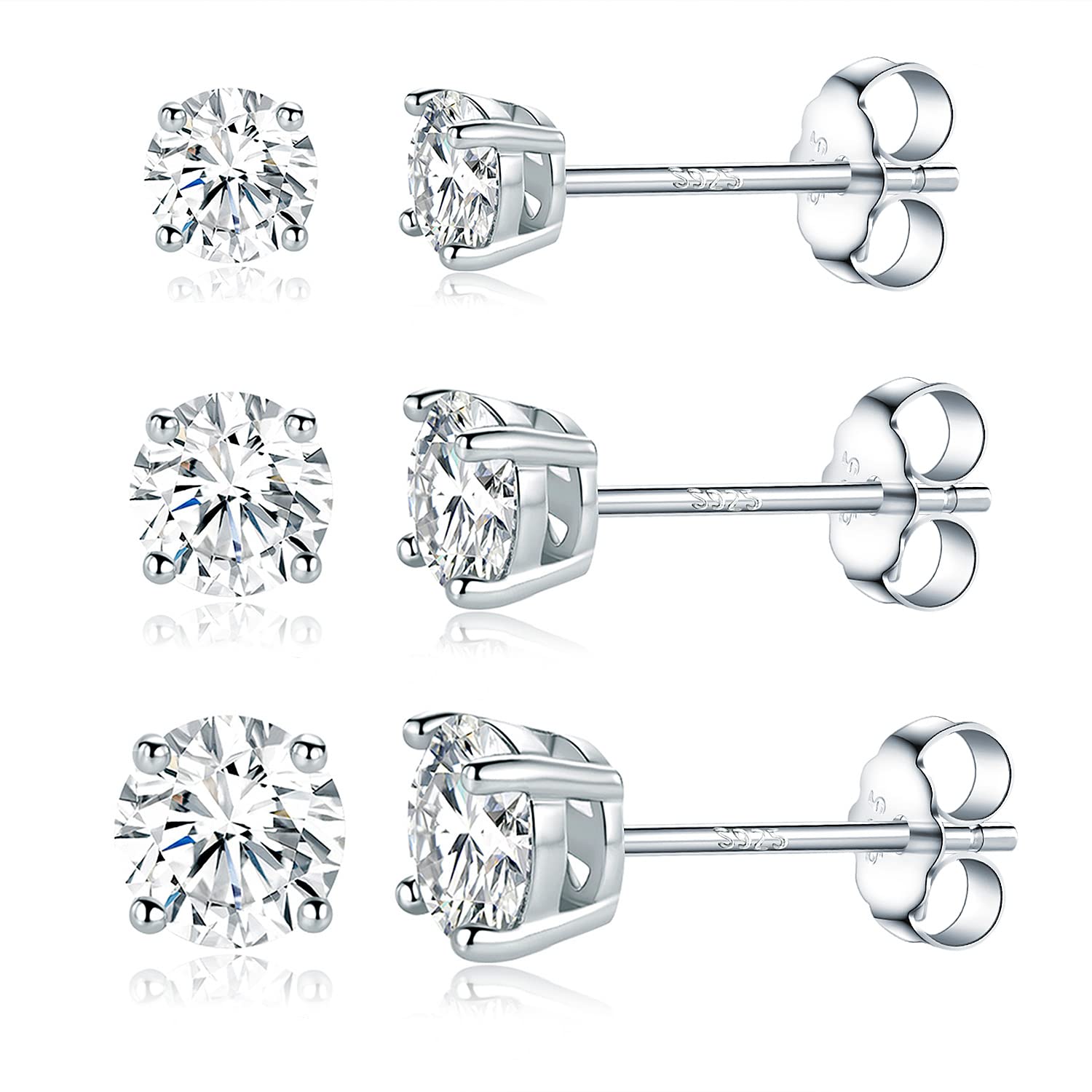 Moissanite Stud Earrings Set, S925 Sterling Silver Round Moissanite Diamond Stud Earrings Pack of 3 for Women Men 3-5mm