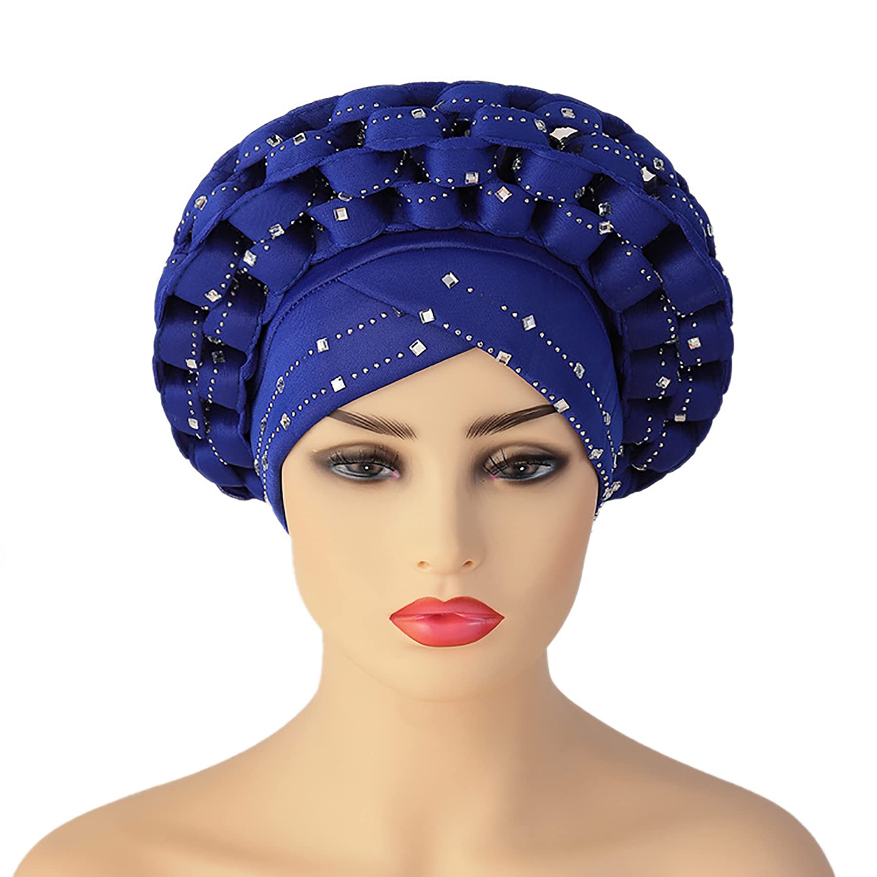 zhxinashu 2ps African Women Hats, Turban Head Wraps for Black Women, Nigerian Elegant Hats Turban(Black+Blue)