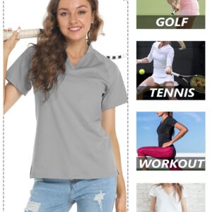 TACVASEN Women's Golf Shirts V Neck Short Sleeve Collarless Active Exercise Tops, Light Grey, L