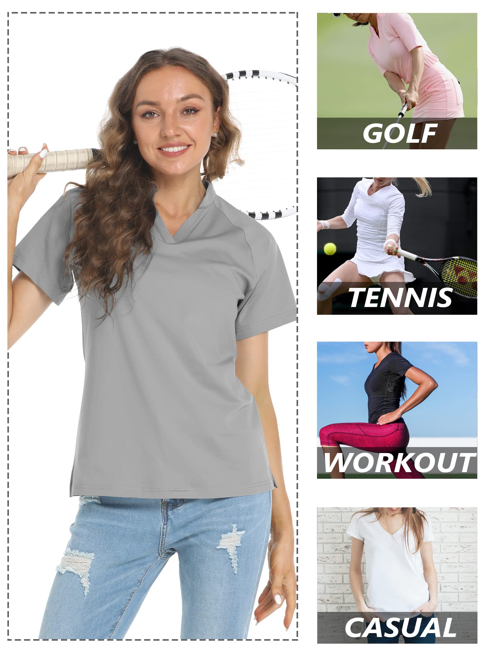 TACVASEN Women's Golf Shirts V Neck Short Sleeve Collarless Active Exercise Tops, Light Grey, L