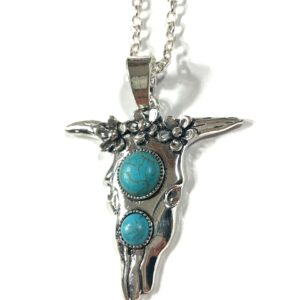 Silver Plated Longhorn Bull Skull Buffalo 2" Pendant, Faux Turquoise Cabochon Gift Boxed