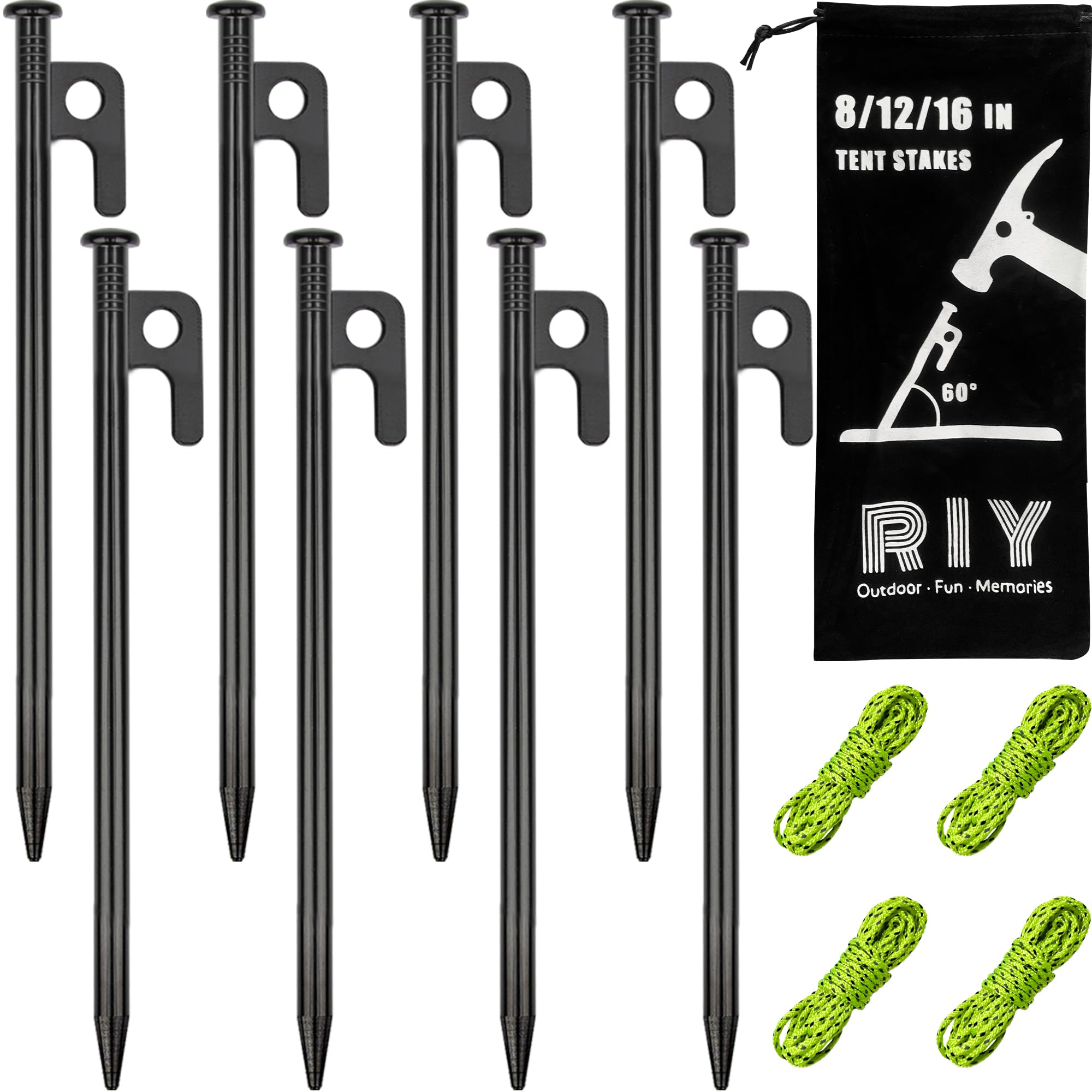 RIY Tent Stakes, 8Pcs Heavy Duty 8 Inch Steel Tent Stakes with 12 Inch Camping Hammer, Hiking Camping Kit Easy to Carry and Use