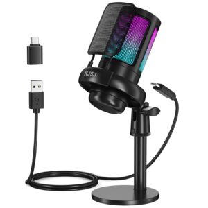 NJSJ USB Microphone for PC, Gaming Mic for PS4/ PS5/ Mac/Phone,Condenser Microphone with Touch Mute, RGB Lighting,Gain knob & Monitoring Jack for Streaming,Podcasting (with Desktop Stand, Black)