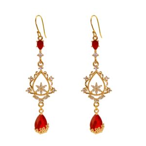 MOMOCAT 18K Gold Plated Flowers Red Ruby Dangle Hook Earrings for Women Western Chandelier Teardrop Christmas Fringe Statement Tassel Earrings for Women Dangling Vintage Jewelry