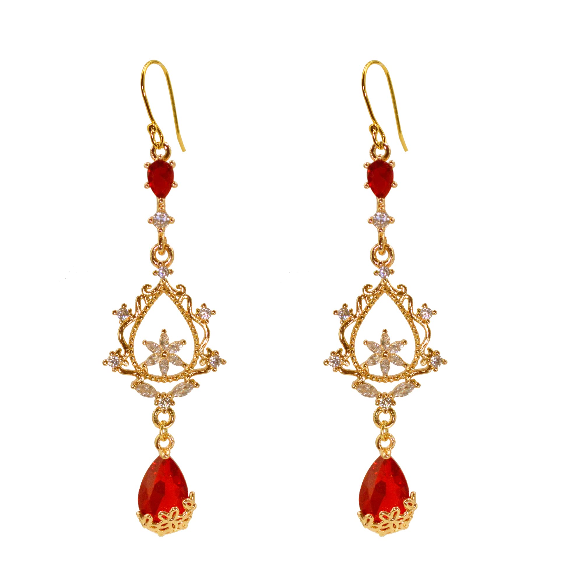 MOMOCAT 18K Gold Plated Flowers Red Ruby Dangle Hook Earrings for Women Western Chandelier Teardrop Christmas Fringe Statement Tassel Earrings for Women Dangling Vintage Jewelry