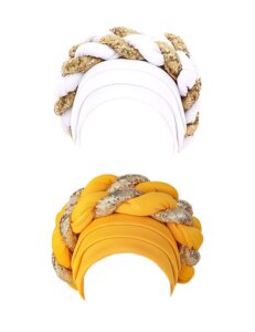 zhxinashu 2 pcs african hats for black women,sequined african head wraps,turbans for women fashion(white+yellow)