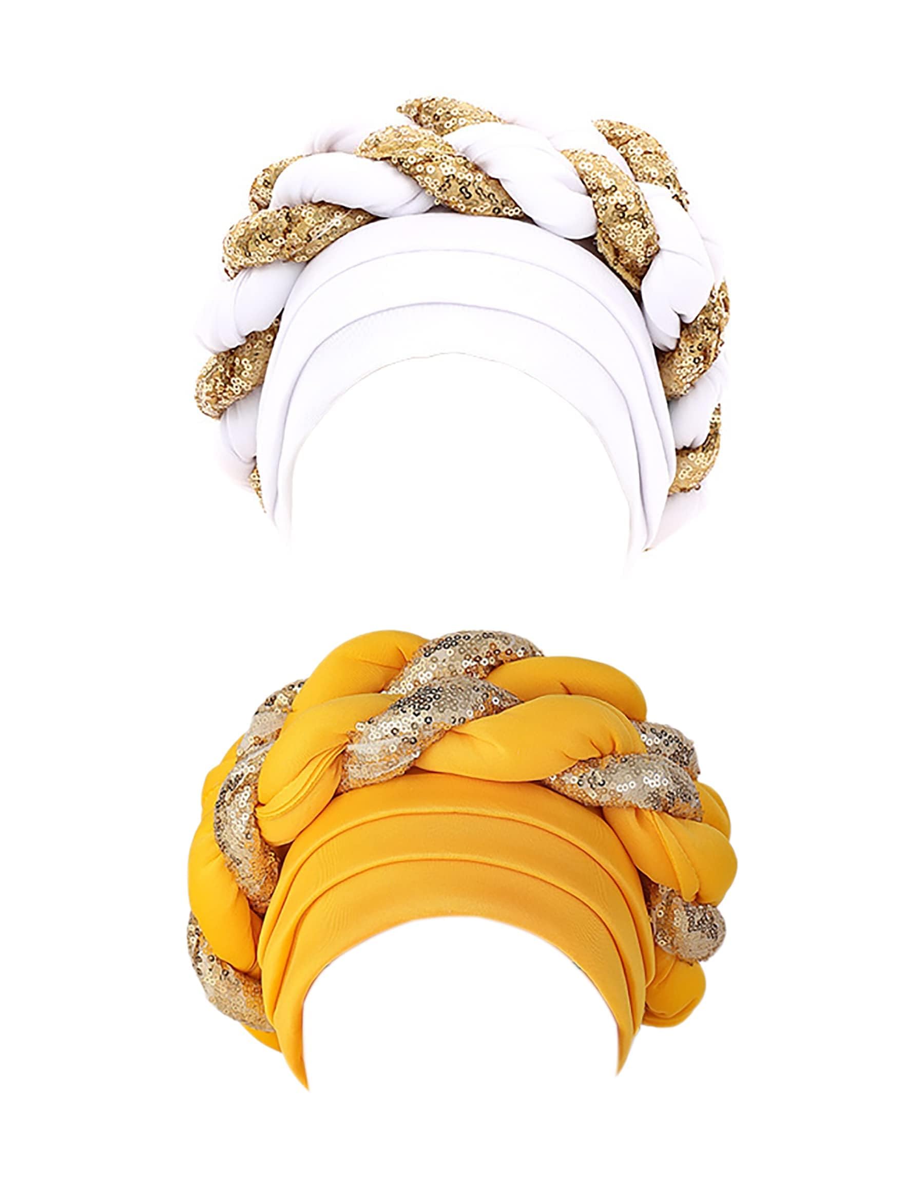 zhxinashu 2 Pcs African Hats for Black Women,Sequined African Head Wraps,Turbans for Women Fashion(White+Yellow)