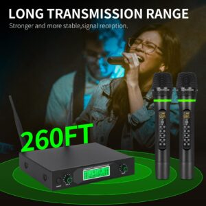 XTUGA Wireless Microphone System 50 Frequencies Rechargable Dual Mental Cordless Dynamic Microphone Set, 290ft, Echo,Treble,Bass for DJ/Church/Karaoke/Wedding/Party Home KTV Set