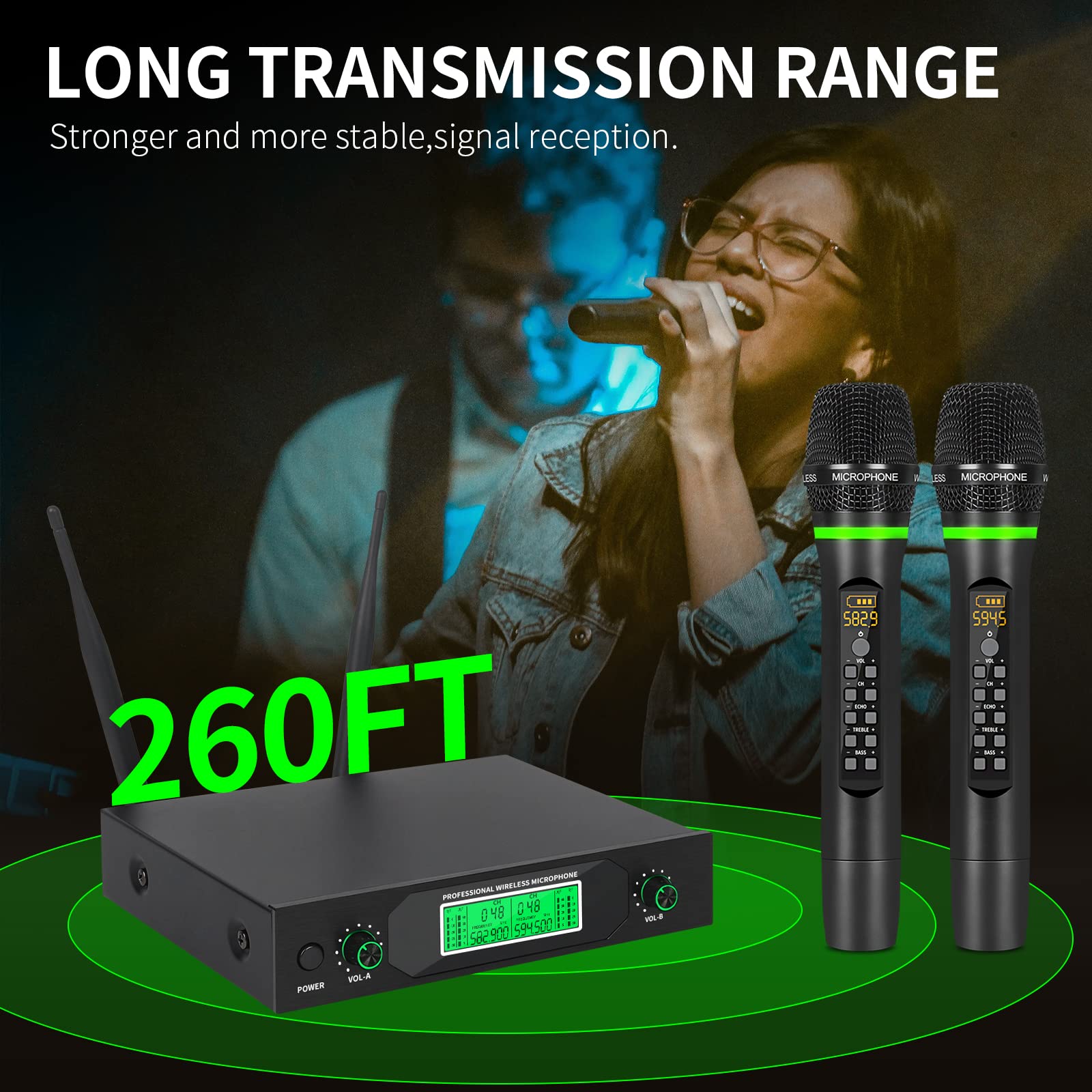 XTUGA Wireless Microphone System 50 Frequencies Rechargable Dual Mental Cordless Dynamic Microphone Set, 290ft, Echo,Treble,Bass for DJ/Church/Karaoke/Wedding/Party Home KTV Set