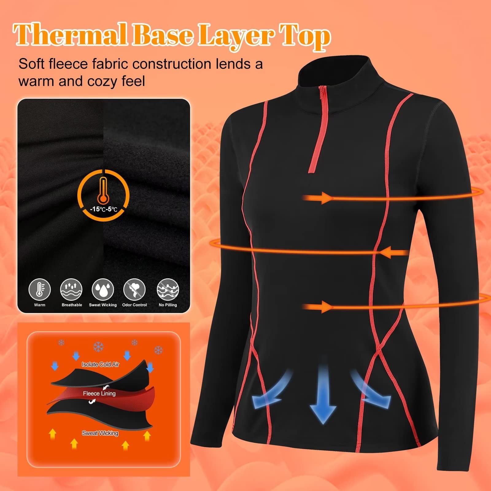 Tesuwel Ski Base Layer Women Cold Weather Long Sleeve Thermal Shirt Women Snowboard Underlayer for Hiking Running Thermal Underwear Top Women Half Zip Athletic Shirts Moisture Wicking 02513 Orange L